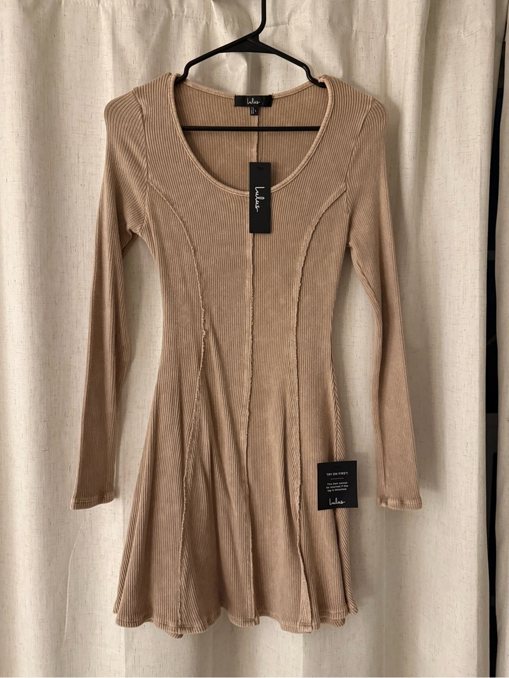 Lulu's Beige Ribbed Long-Sleeve Fit & Flare Dress
